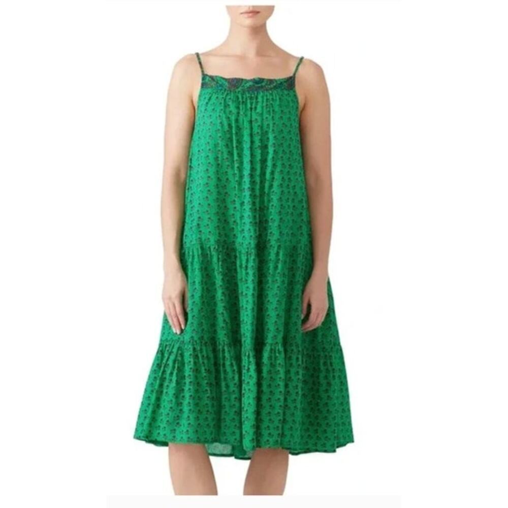 ba&sh Margot Dress Floral Print Sleeveless Tiered Midi Trapeze Swing Green Large